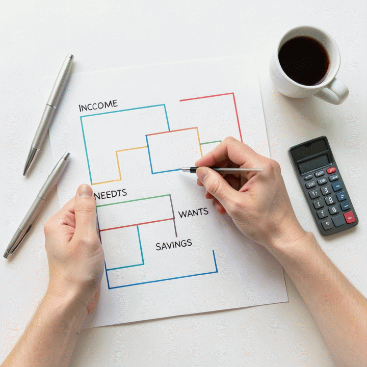 Tampilan atas (flat lay) tangan yang sedang membuat diagram alir anggaran yang terstruktur dan rapi di atas kertas, dikelilingi alat tulis minimalis.