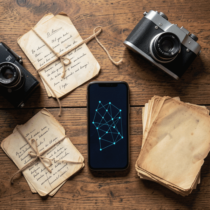 Komposisi flat lay dari berbagai artefak fisik (surat, foto lama, catatan) dan teknologi modern (smartphone) yang mewakili pengumpulan data silsilah yang tersebar.