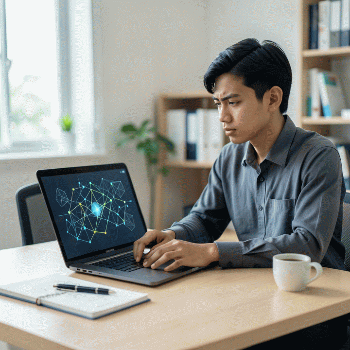 Seorang profesional muda Indonesia yang fokus mengerjakan asesmen kognitif di laptop, menunjukkan konsentrasi tinggi dan upaya peningkatan logika.