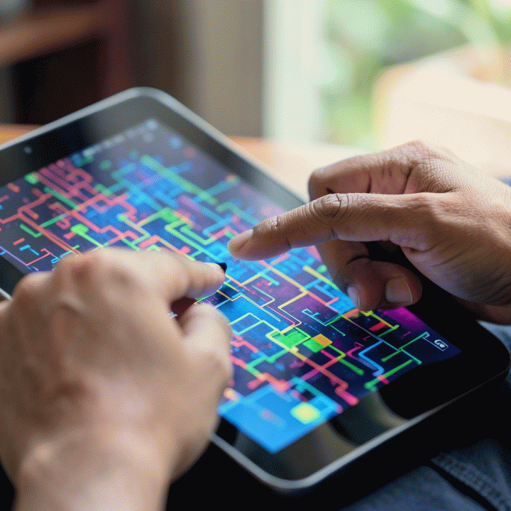 Tangan yang fokus memecahkan pola puzzle kognitif di tablet digital, melambangkan asesmen kemampuan logika.