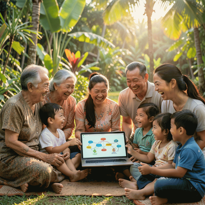 Keluarga besar Indonesia yang gembira berkumpul di taman tropis, berinteraksi dengan tablet digital yang menampilkan diagram silsilah keluarga berwarna cerah dan terstruktur, melambangkan pelestarian warisan kenangan.