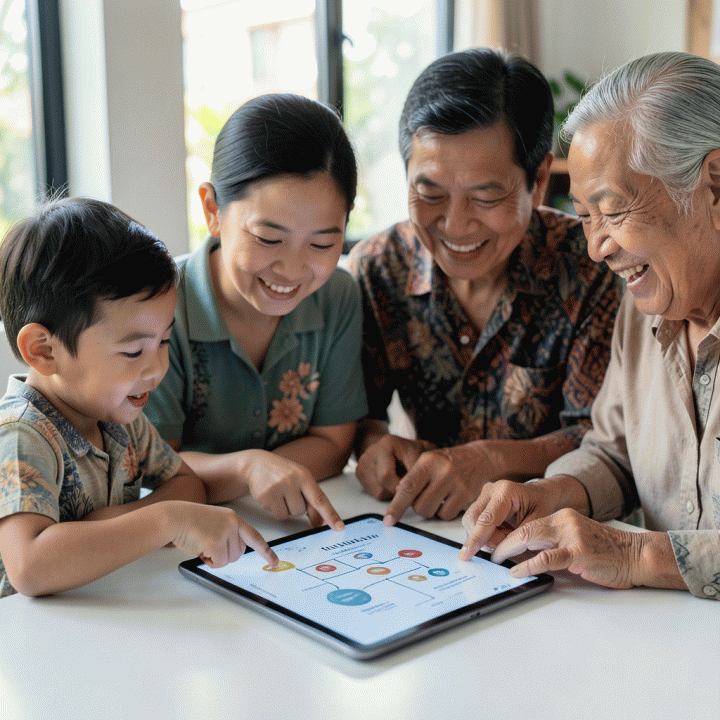 Interaksi hangat keluarga besar dari berbagai generasi yang mempelajari silsilah keluarga di layar digital modern.