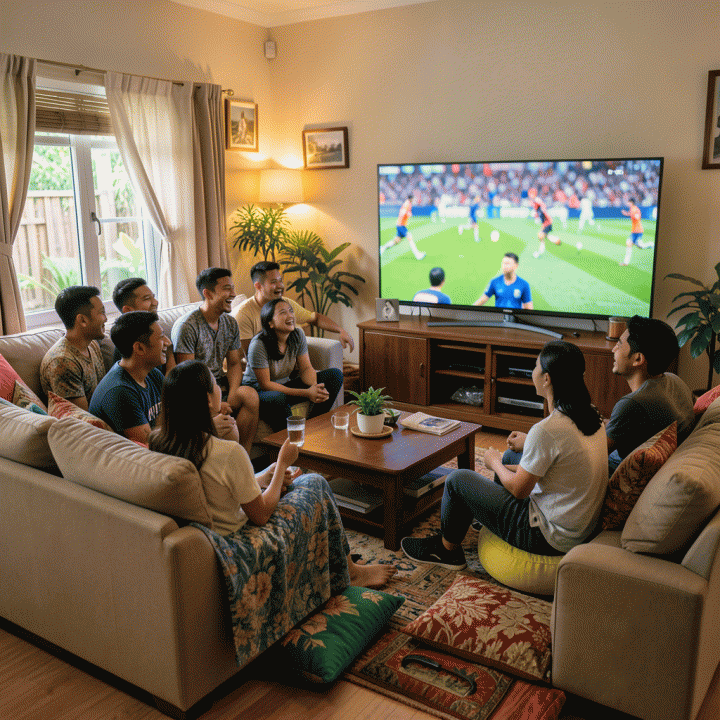 Keluarga muda Indonesia yang menikmati suasana nonton Piala Dunia di rumah dengan gaya hidup sehat dan ceria.
