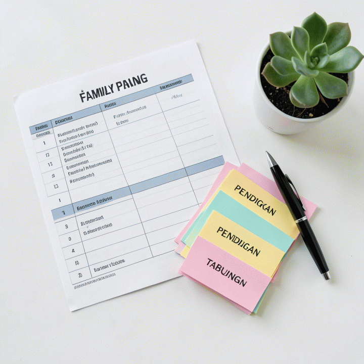 Pandangan atas (flat lay) peralatan perencanaan keuangan: halaman Family Planner, kartu indeks kategori anggaran, dan tanaman hias, menunjukkan tips lanjutan penganggaran.