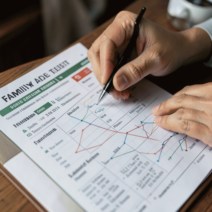 Tangan yang fokus menandai dan menganalisis tujuan keuangan jangka panjang pada Family Planner, menekankan transisi dari pencatatan ke strategi.