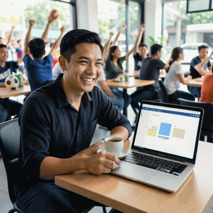 Seorang profesional muda Indonesia menikmati nonton Piala Dunia sambil tetap produktif di kafe modern, menggunakan laptop untuk perencanaan harian.