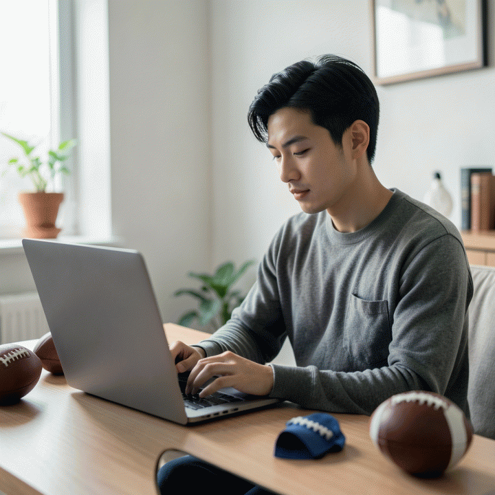 Seseorang bekerja secara fokus di laptop dalam suasana yang nyaman dan seimbang dengan elemen kegembiraan olahraga.