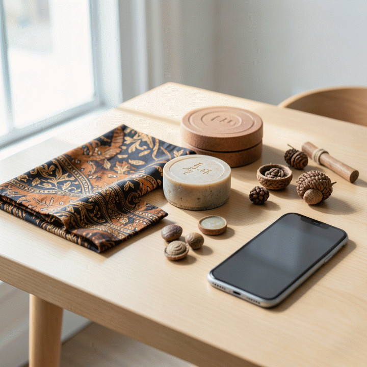 Foto produk UMKM Indonesia yang ditata profesional di atas meja kayu minimalis dengan pencahayaan studio yang lembut, menunjukkan kualitas e-commerce yang tinggi.