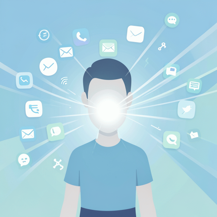 Ilustrasi vektor metaforis menunjukkan seseorang yang berhasil mengisolasi fokus dari distraksi digital yang kacau.