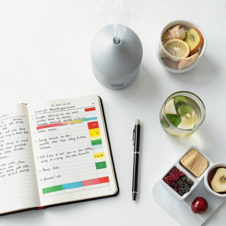 Tampilan datar (flat lay) alat manajemen energi di atas meja kerja, termasuk jurnal, planner, dan elemen alami yang menenangkan.