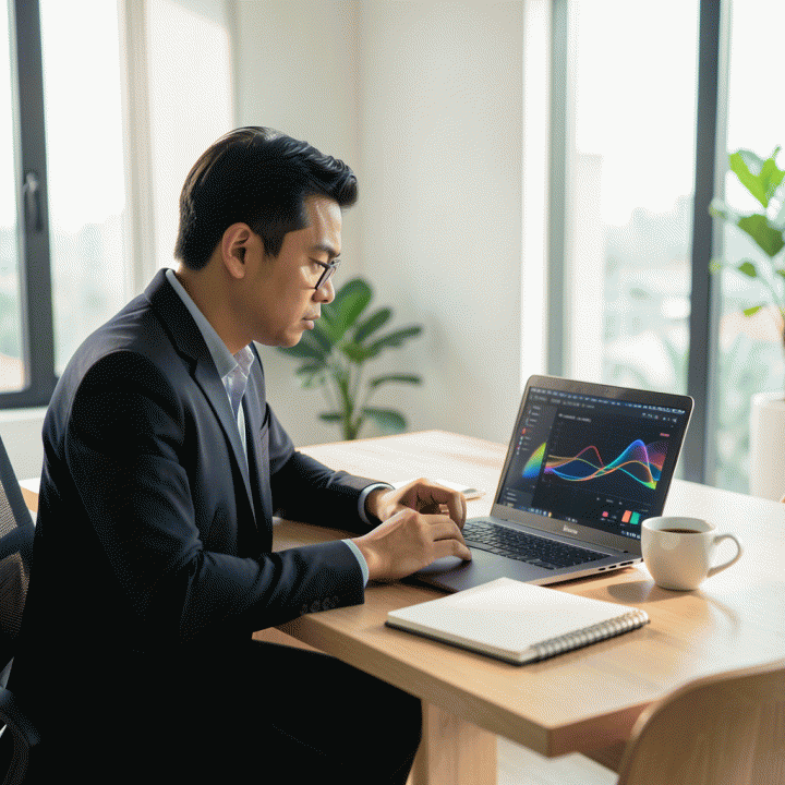Seorang profesional muda Indonesia yang fokus dan produktif bekerja di meja kantor yang rapi, dengan visualisasi data abstrak di laptopnya.