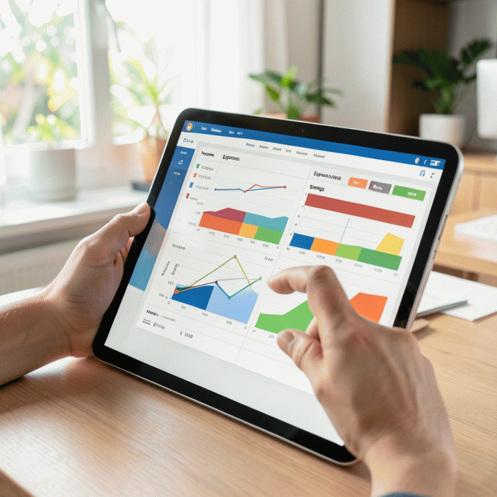 Tangan sedang menggunakan tablet yang menampilkan antarmuka spreadsheet keuangan keluarga yang terstruktur dan berwarna-warni.