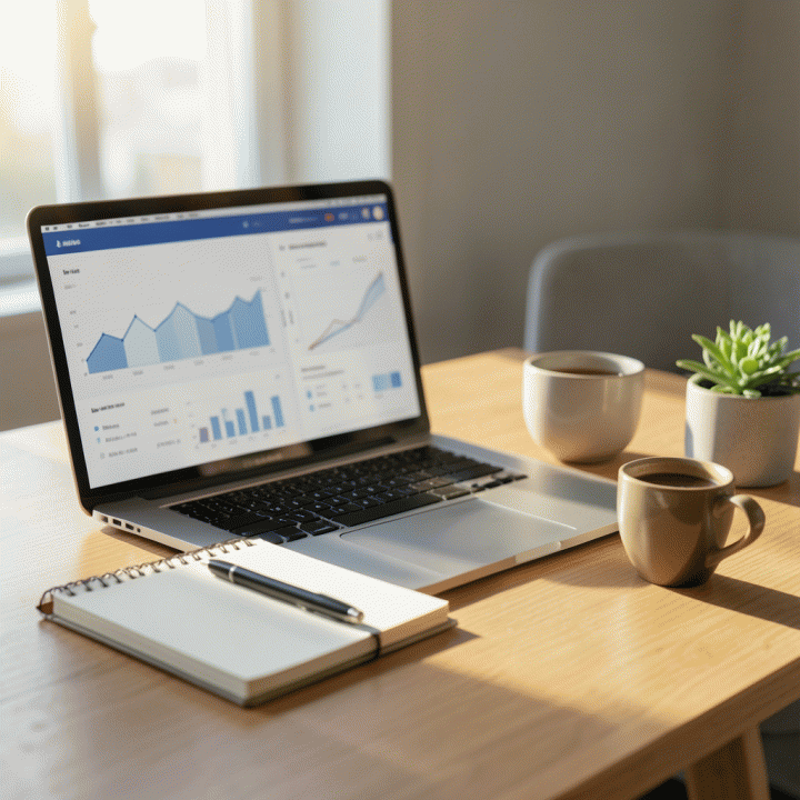 Meja kerja modern dan rapi dengan laptop yang menampilkan dashboard keuangan abstrak, notebook, dan secangkir kopi, melambangkan fokus dan produktivitas finansial.