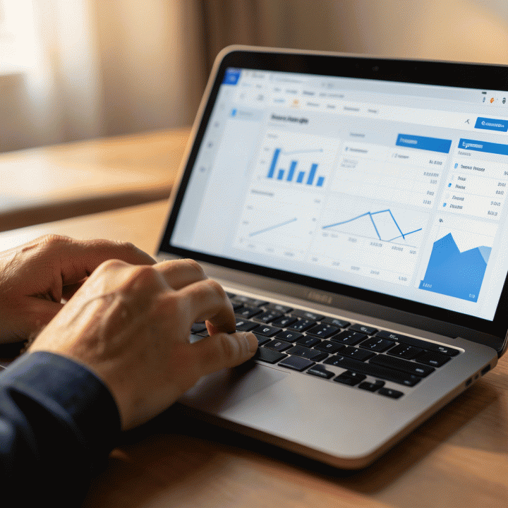 Tangan yang sedang bekerja di laptop spreadsheet yang menampilkan visualisasi data keuangan keluarga yang terstruktur.