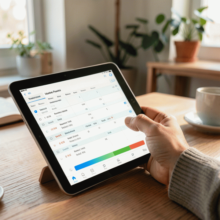 Tangan menggunakan tablet untuk memasukkan data ke dalam aplikasi spreadsheet anggaran perjalanan.