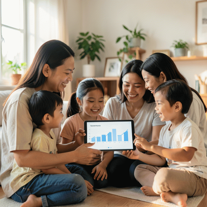 Keluarga Indonesia modern yang ceria dan terorganisir sedang berdiskusi di sekitar tablet digital yang menampilkan grafik keuangan yang bersih, melambangkan perencanaan keuangan keluarga yang efisien.