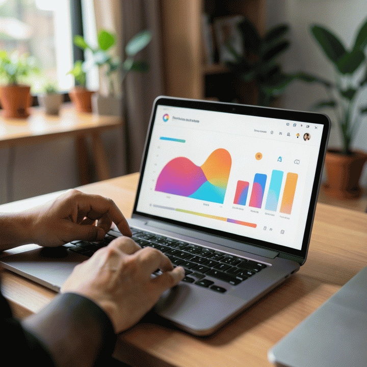 Tangan-tangan yang bekerja sama menggunakan laptop untuk menganalisis dashboard keuangan yang abstrak dan berwarna.