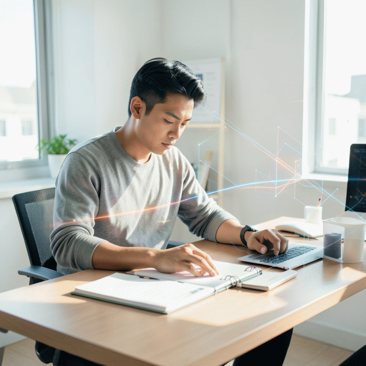 Seorang profesional muda Indonesia yang terlihat fokus dan produktif di meja kerja yang rapi, melambangkan manajemen waktu dan fokus di era digital.