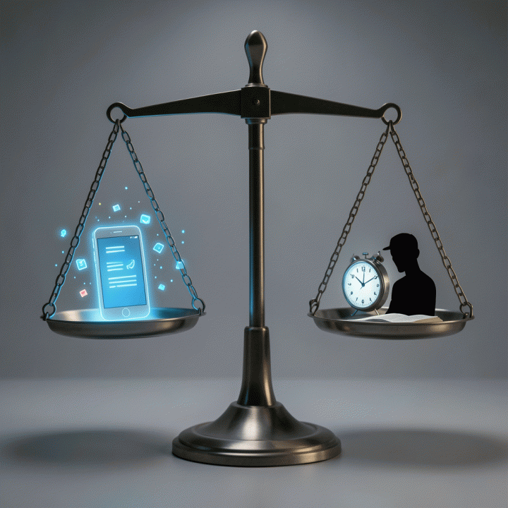 Simbol keseimbangan antara distraksi digital dan fokus produktivitas.