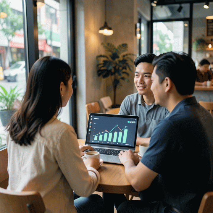 Pasangan muda sedang berkonsultasi anggaran di kafe sambil melihat data pertumbuhan keuangan pada laptop mereka, menunjukkan gaya hidup seimbang.