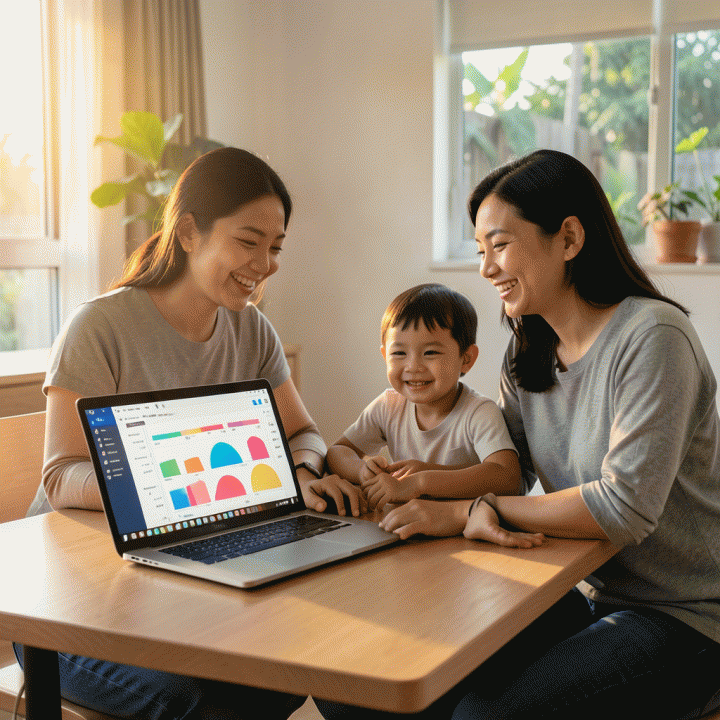 Keluarga muda Indonesia yang bahagia dan tenang sedang merencanakan keuangan mereka bersama di rumah dengan bantuan laptop berisi antarmuka spreadsheet anggaran digital.