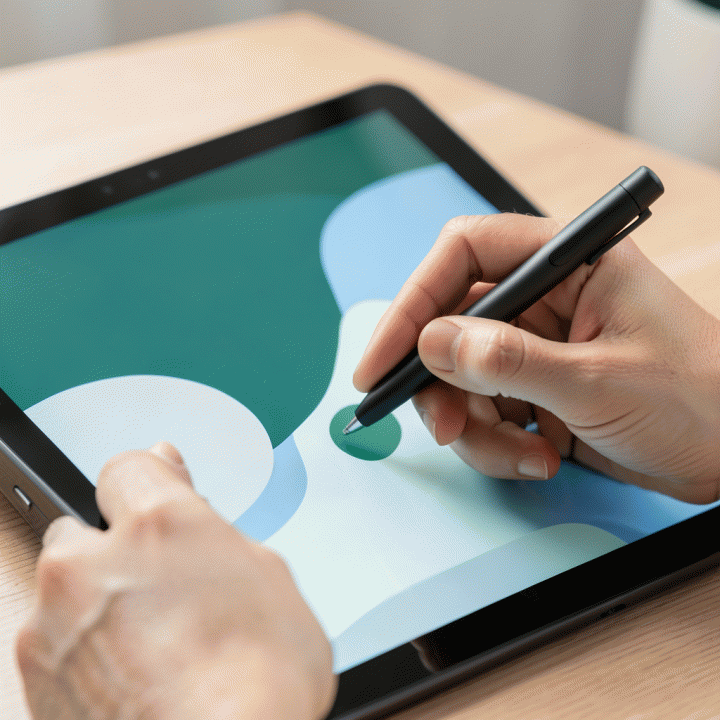 Tangan yang menggunakan tablet untuk mengelola dasbor keuangan keluarga secara digital, menunjukkan kemudahan penggunaan aplikasi budgeting.