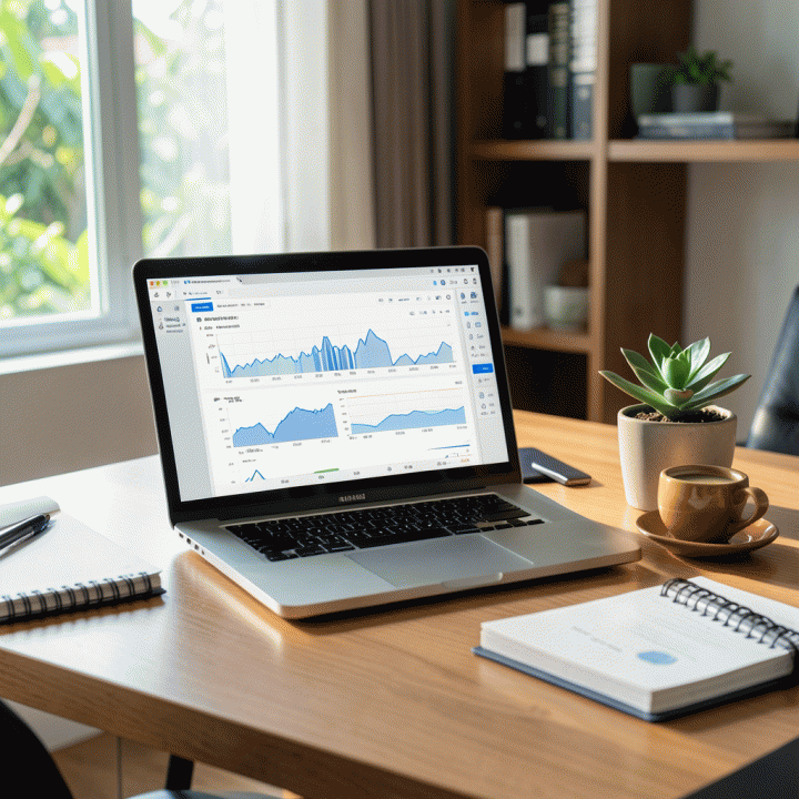 Meja kerja rumah yang modern dan rapi dengan laptop menampilkan antarmuka spreadsheet keuangan yang terstruktur, menunjukkan suasana kerja produktif dan perencanaan keuangan keluarga.