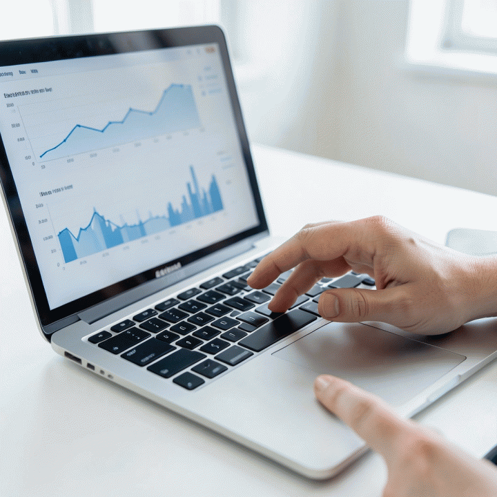 Tangan yang sedang berinteraksi dengan laptop, menunjukkan proses pengelolaan data keuangan yang efisien dan terstruktur.