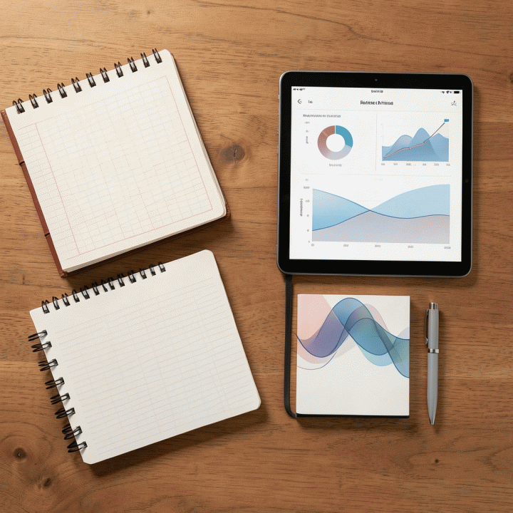 Foto datar (flat lay) yang menampilkan berbagai alat produktivitas seperti planner, tablet dengan dashboard keuangan, dan alat tulis, melambangkan manajemen keuangan keluarga yang terorganisir.