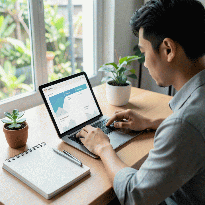 Seorang profesional muda Indonesia di meja kerja yang rapi, fokus menggunakan tablet untuk merencanakan perjalanan secara efisien, dikelilingi oleh alat tulis modern.