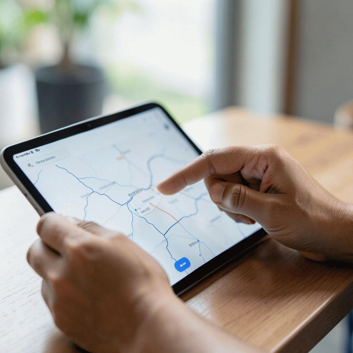 Tangan yang menggunakan tablet untuk mengelola dan merencanakan rute perjalanan dengan mudah dan efisien.