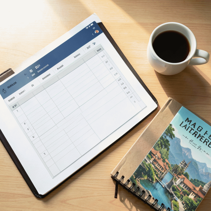 Tampilan datar yang menampilkan alat-alat produktivitas seperti spreadsheet digital dan jurnal fisik, melambangkan perencanaan yang terstruktur.
