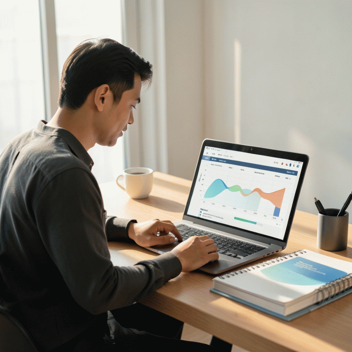 Seorang profesional Indonesia yang fokus bekerja di meja kerja yang rapi, menggunakan laptop dengan antarmuka spreadsheet yang terorganisir untuk meningkatkan produktivitas.