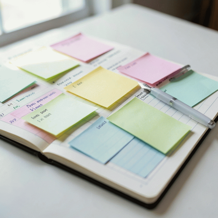 Perencanaan tugas harian yang terorganisir menggunakan sticky notes dan planner di atas meja kerja.