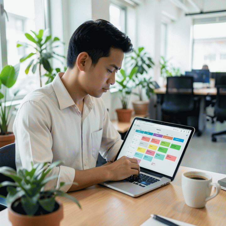 Seorang profesional muda Indonesia yang fokus dan tenang sedang merencanakan jadwal atau proyek di tablet di co-working space modern yang cerah, melambangkan manajemen waktu dan produktivitas.