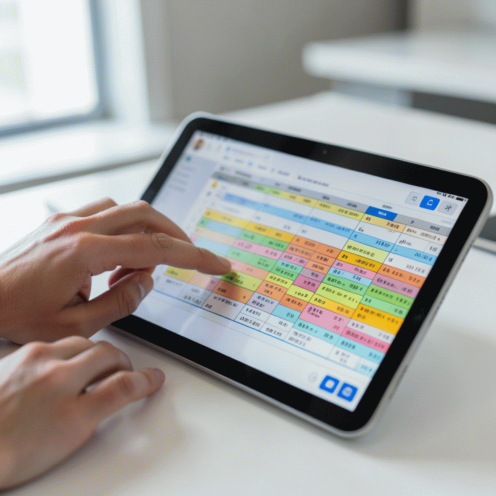Tangan seseorang yang sedang mengelola data atau spreadsheet yang terorganisir pada tablet, menyoroti aspek perencanaan dan manajemen data.