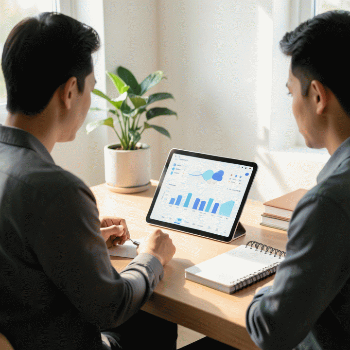 Meja kerja yang rapi dan minimalis dengan tablet menampilkan dashboard manajemen proyek yang abstrak, melambangkan produktivitas dan perencanaan waktu yang terorganisir.