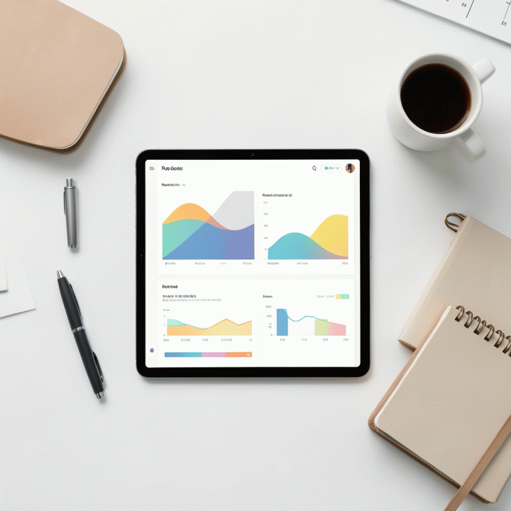 Tampilan atas (flat lay) meja kerja yang rapi dengan tablet menampilkan dasbor pelacakan proyek yang abstrak, menunjukkan alat bantu produktivitas.