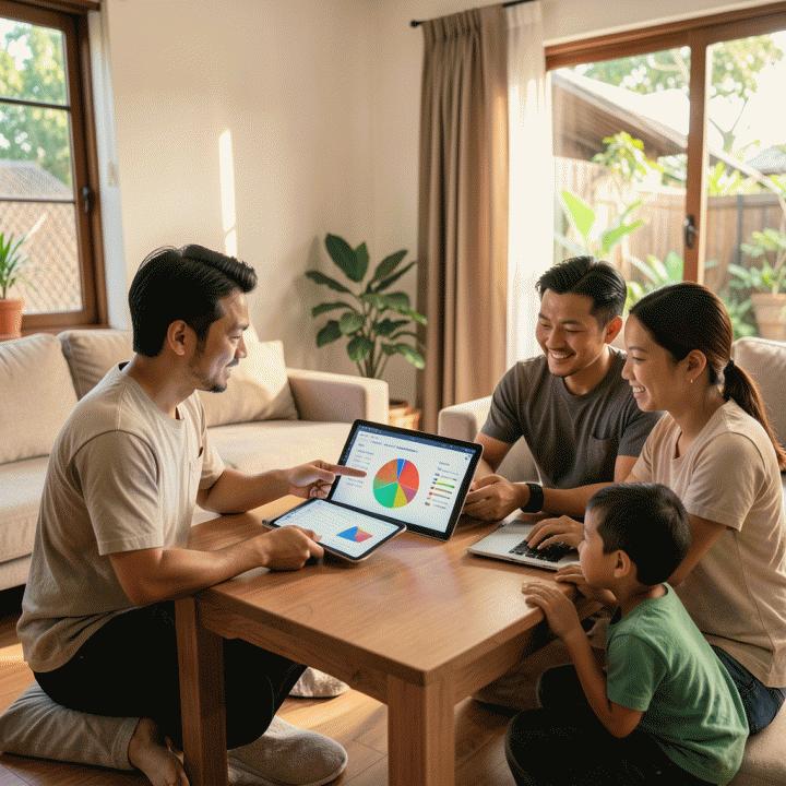 Keluarga modern Indonesia yang sedang berdiskusi tentang perencanaan keuangan di meja ruang tamu, dengan visualisasi data keuangan yang ditampilkan di tablet dan laptop.