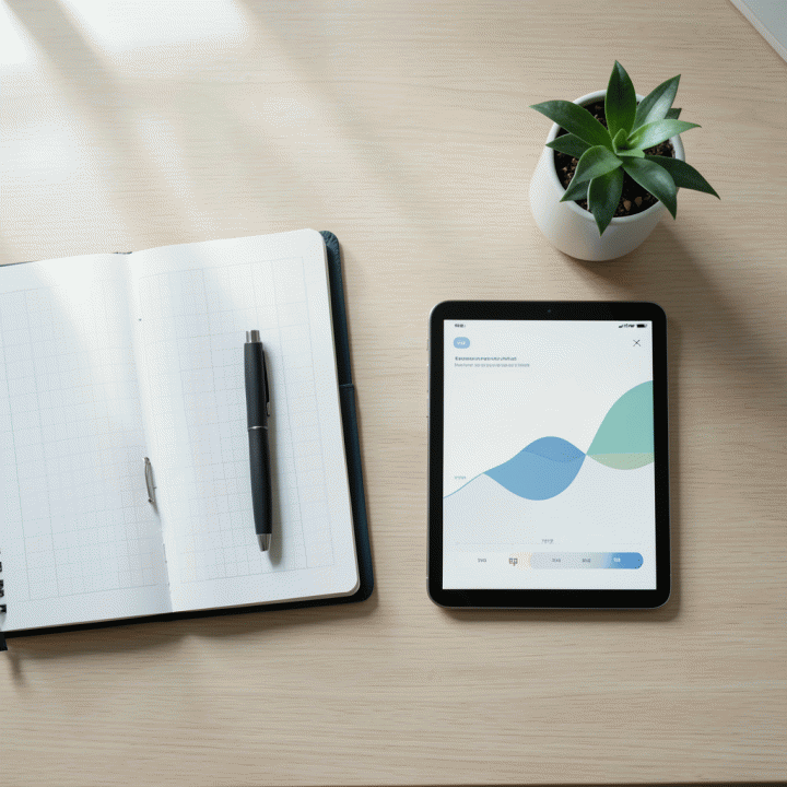 Tampilan meja kerja yang terorganisir dengan planner, alat tulis, dan tablet yang menampilkan antarmuka pelacak keuangan yang abstrak.
