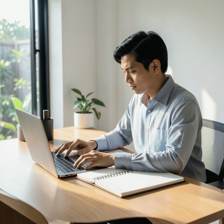 Seorang profesional Indonesia yang sangat fokus bekerja di meja kerja minimalis yang rapi, dikelilingi oleh suasana tenang dan terstruktur, menggambarkan produktivitas tinggi.