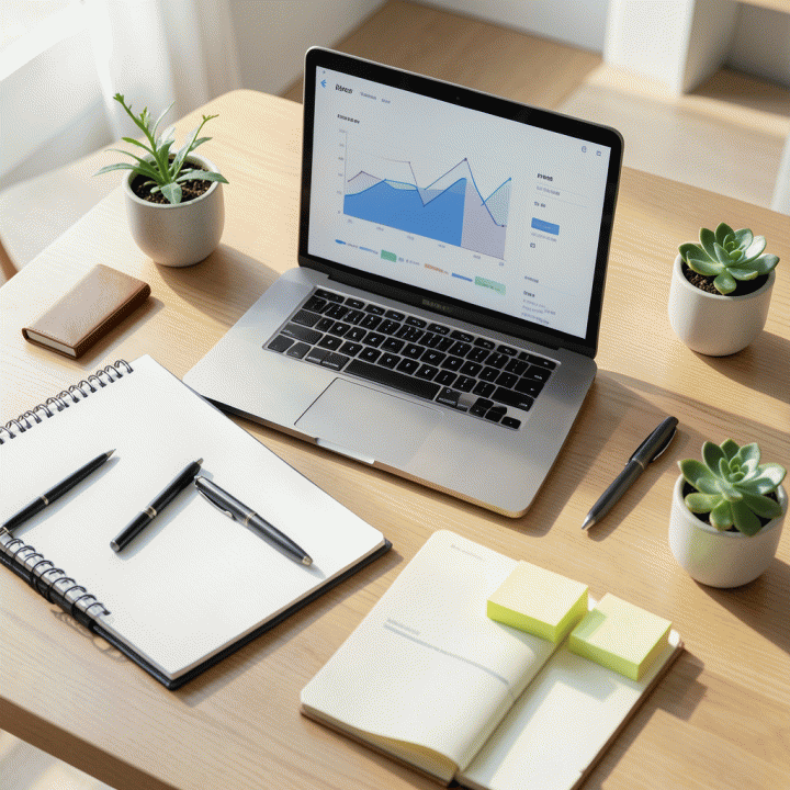 Meja kerja yang terorganisir dengan alat-alat perencanaan dan visualisasi data abstrak, melambangkan manajemen waktu dan tugas yang efektif.