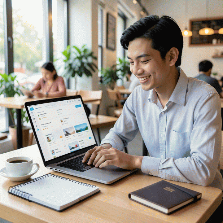 Seorang profesional muda Indonesia yang produktif bekerja di kafe modern, menggunakan laptop untuk merencanakan perjalanan dengan mudah, melambangkan manajemen waktu yang efisien.