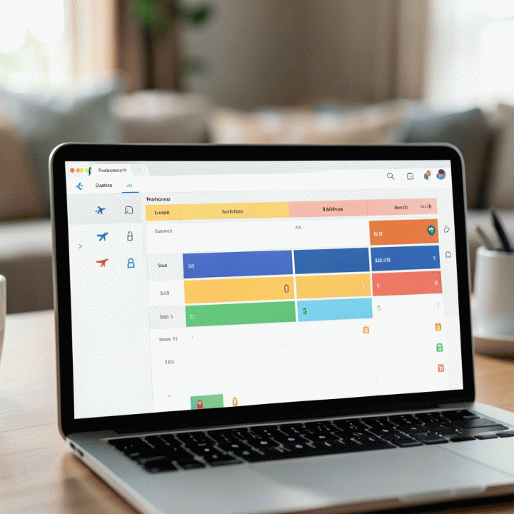 Tampilan digital yang terstruktur dan mudah dipahami dari dashboard perencanaan perjalanan di tablet, menunjukkan fitur manajemen itinerary yang rapi.