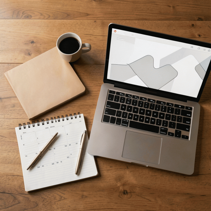 Komposisi flat lay alat-alat produktivitas di atas meja kayu, termasuk planner, laptop, dan perlengkapan perjalanan, menunjukkan persiapan yang matang.