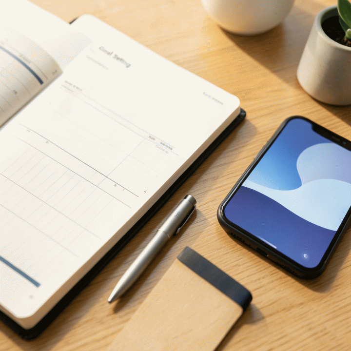 Detail alat tulis dan planner yang terorganisir di atas meja kayu, menyoroti perencanaan dan tujuan kerja.