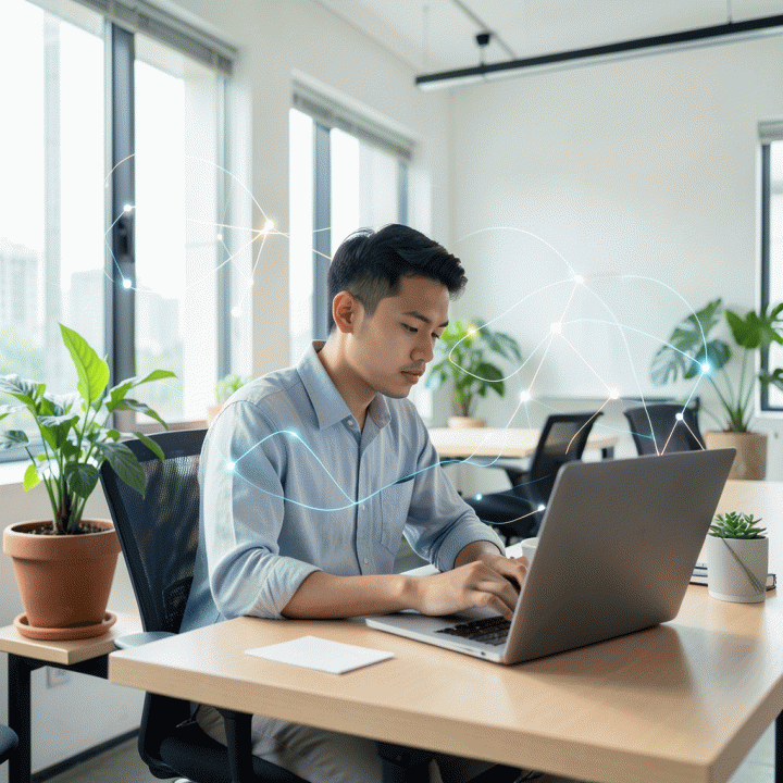 Seorang profesional muda Indonesia yang tampak sangat fokus bekerja di co-working space modern dengan visualisasi abstrak manajemen waktu dan fokus yang menyelimuti lingkungan kerja.
