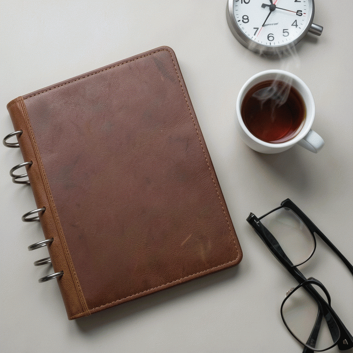 Tata letak meja minimalis dengan planner, jam analog, dan teh hangat, melambangkan perencanaan waktu yang terstruktur.