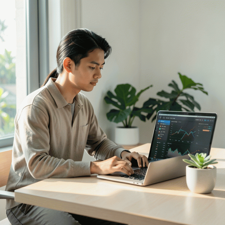 Seorang profesional muda Indonesia yang terlihat sangat fokus dan produktif di meja kerja minimalis modern, dikelilingi oleh pencahayaan alami dan elemen yang mendukung ketenangan kerja digital.