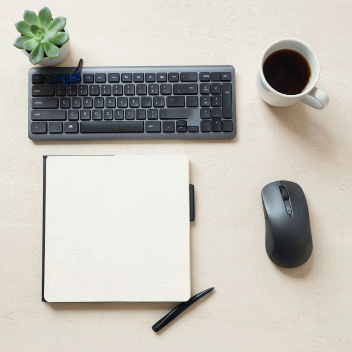 Tata letak meja kerja yang rapi dan terkurasi untuk meningkatkan fokus, menampilkan jurnal, keyboard minimalis, dan kopi.